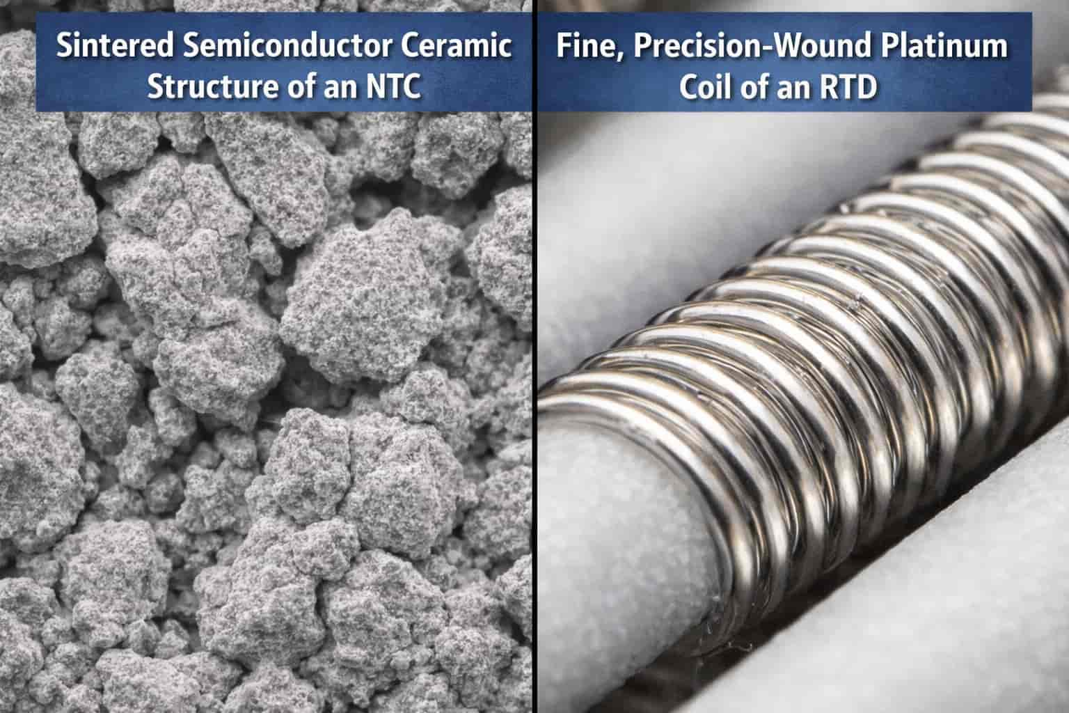 Microscopic comparison of NTC semiconductor grain vs. Platinum RTD coil structure.