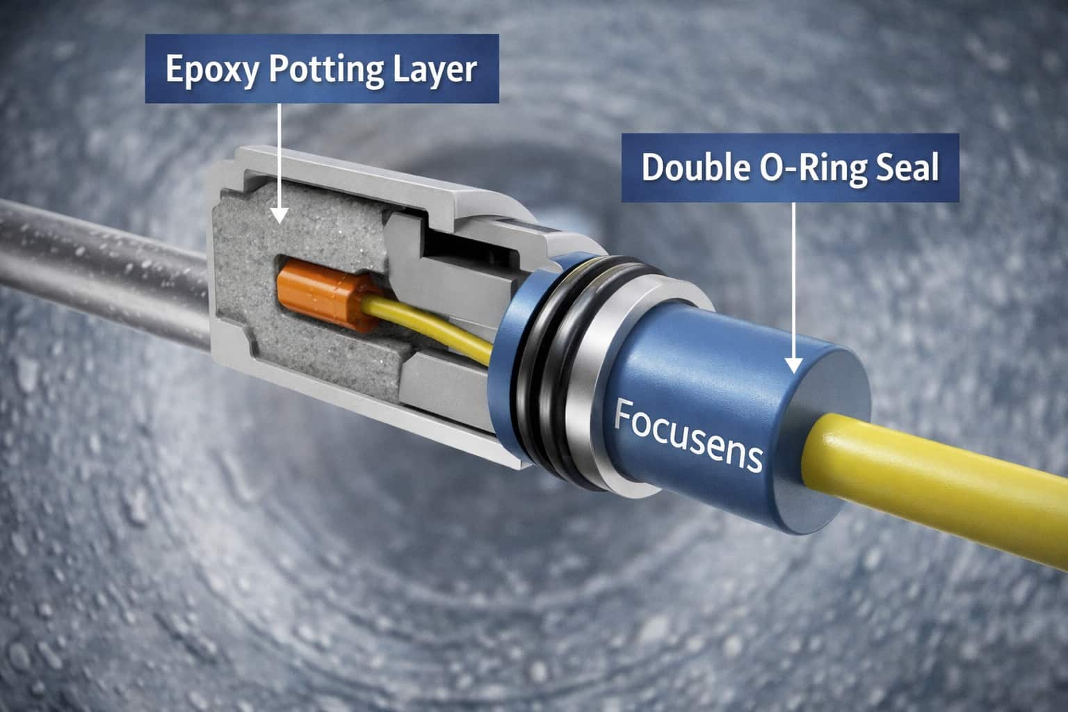 Cross-section of Focusens duct temperature sensor showing epoxy potting and moisture seal.