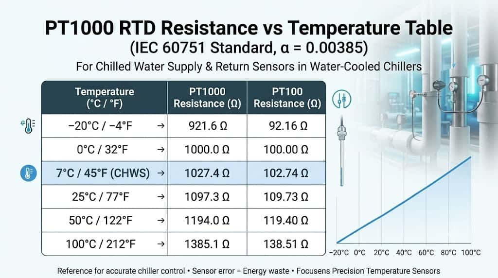 PT1000 RTD resistance vs temperature table from -20C to 100C for chiller technicians